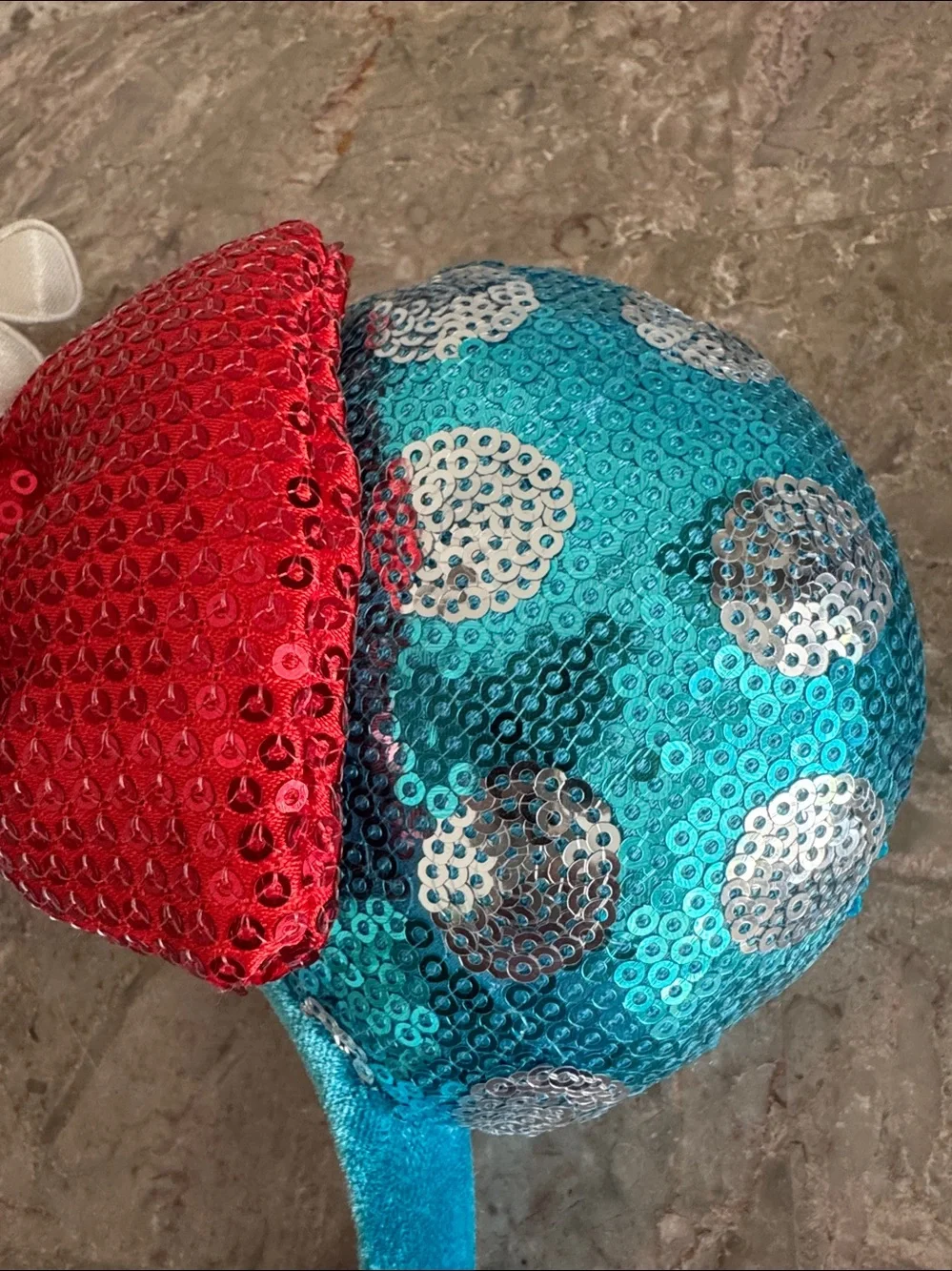 Disney Teal Sequin minnie Mouse Ears Headband with Red sequin Bow and flower